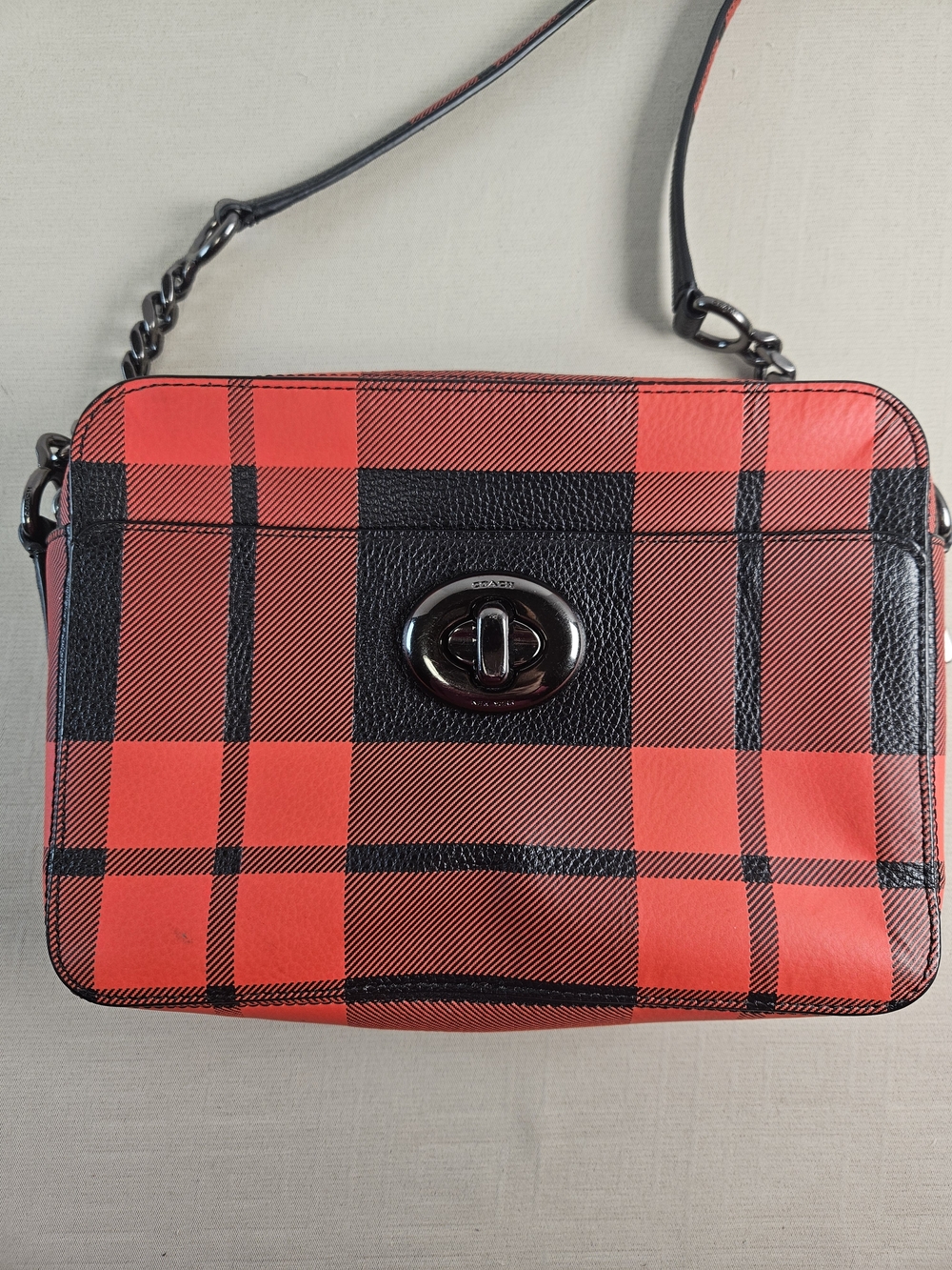 Coach Red and Black Plaid Turn-Lock Crossbody Bag